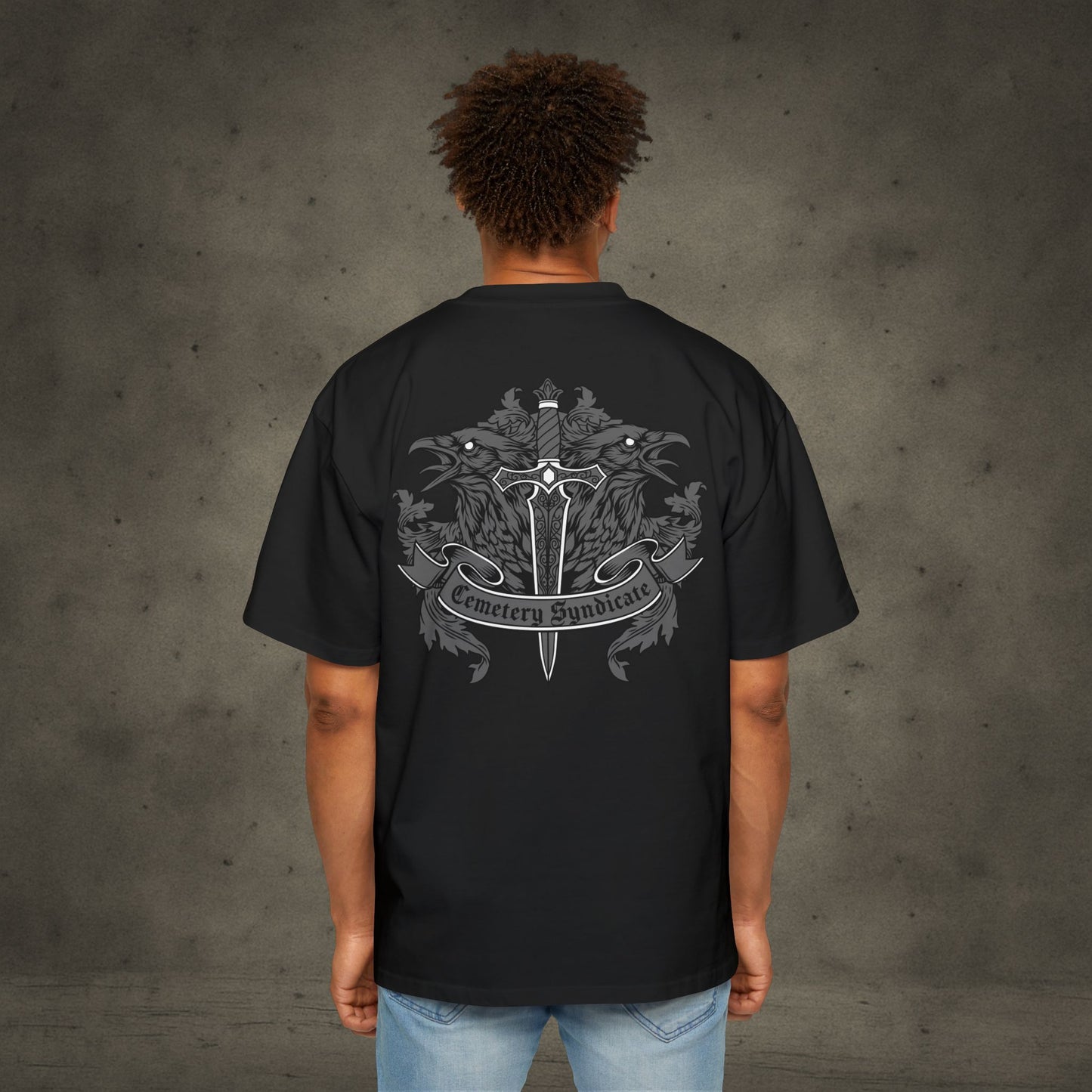 Oversized Tee — Gothic Crest "Cemetery Syndicate" Graphic