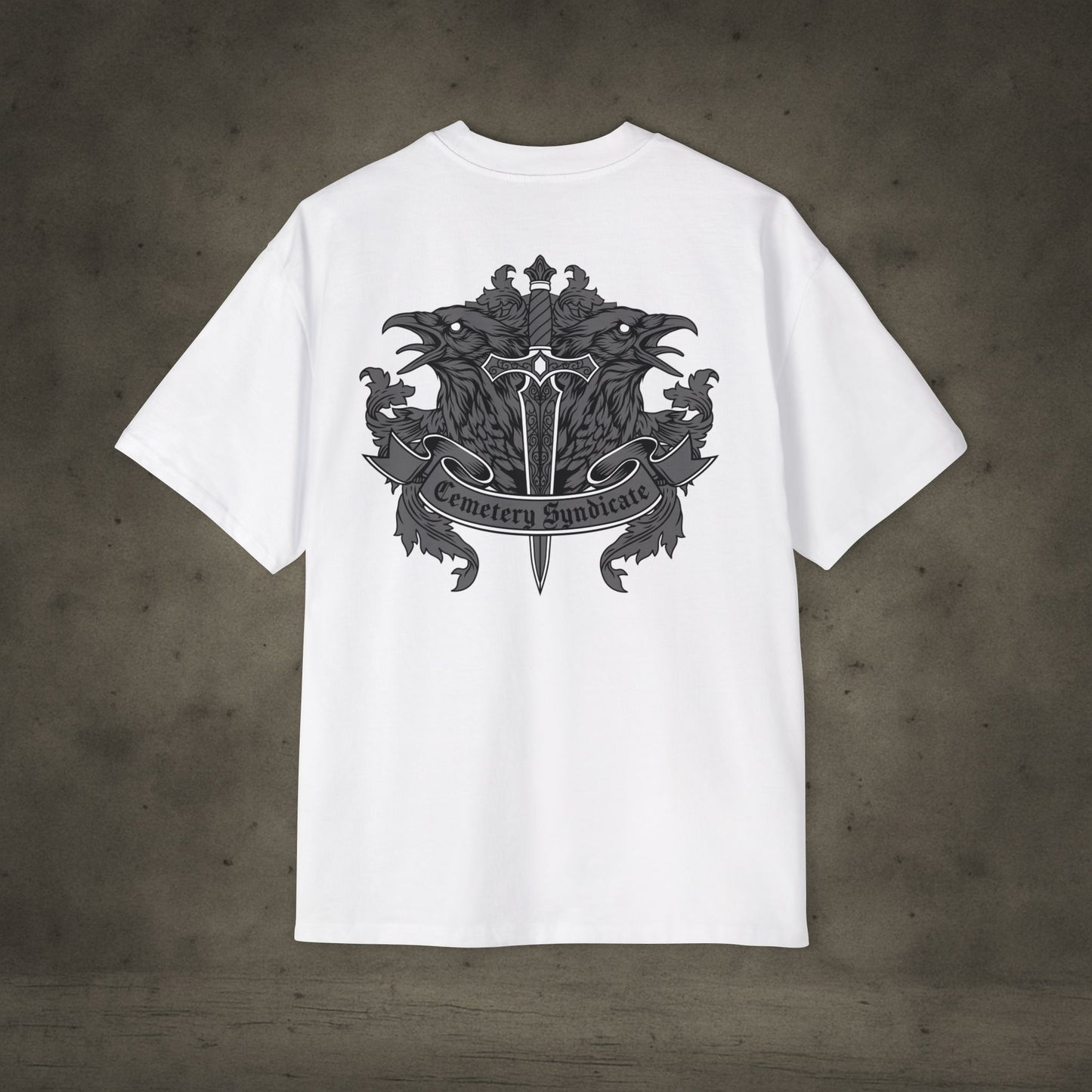 Oversized Tee — Gothic Crest "Cemetery Syndicate" Graphic