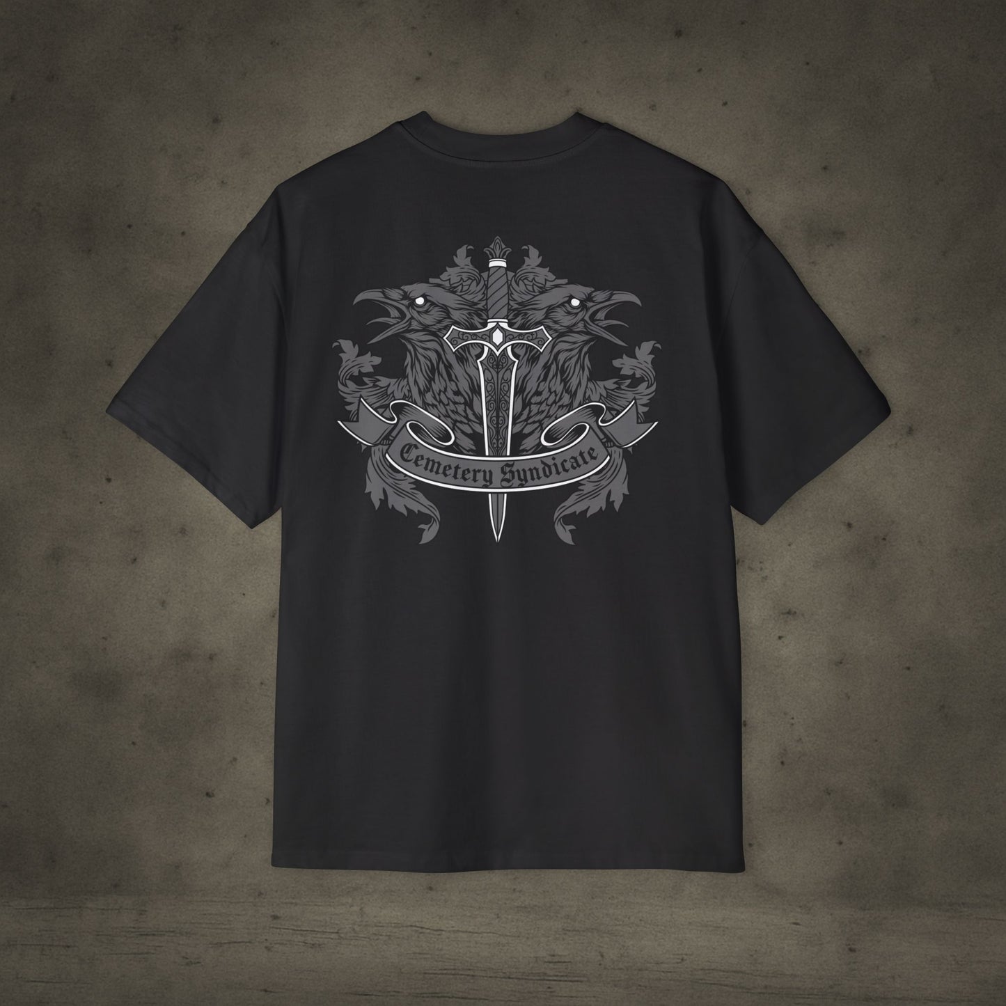 Oversized Tee — Gothic Crest "Cemetery Syndicate" Graphic