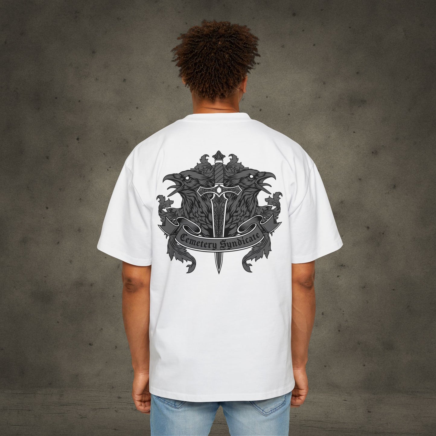 Oversized Tee — Gothic Crest "Cemetery Syndicate" Graphic